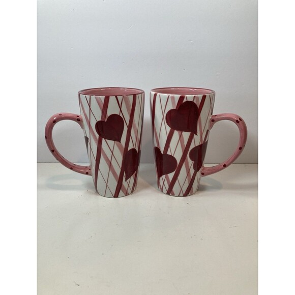 LAURIE GATES Tall Hearts/Stripes Mugs 16oz shades of Pink EUC - Picture 1 of 5